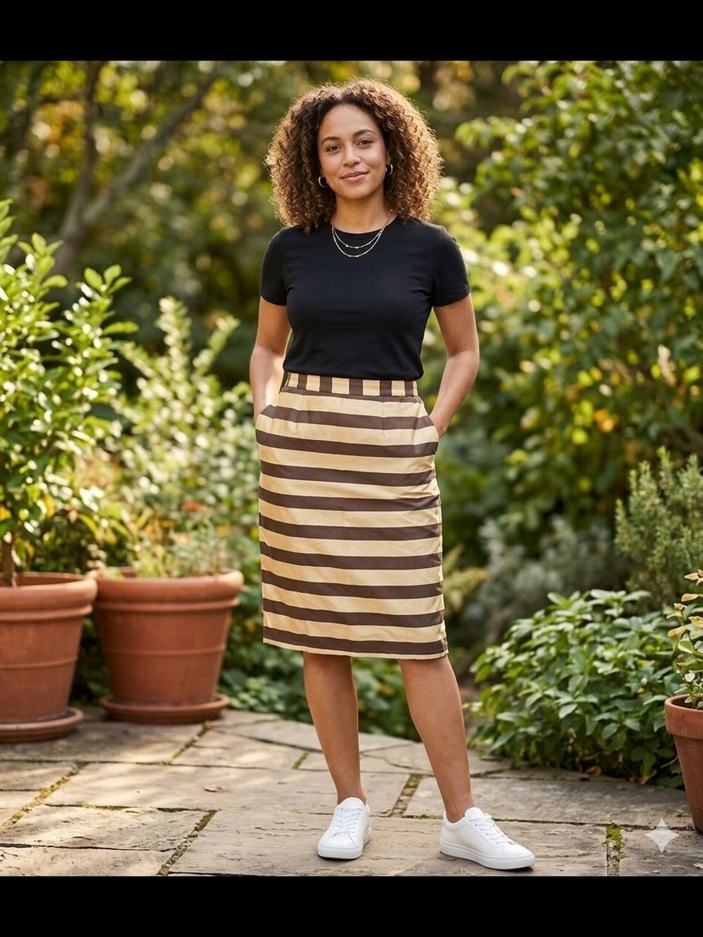 Striped Silk Pencil Skirt in Brown and Tan
